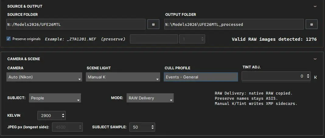 Camera and Scene Light panel: Camera Auto, Light Manual K, Profile Event Coverage, Subject Auto, Delivery RAW Delivery, Kelvin 5000, with Output, Beta, Reports, Train, and Review buttons.